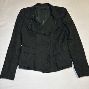 Ann Taylor Wool Blend Blazer Womens Sz 2 Dark Green Zip Sleeve Faux Leather Trim